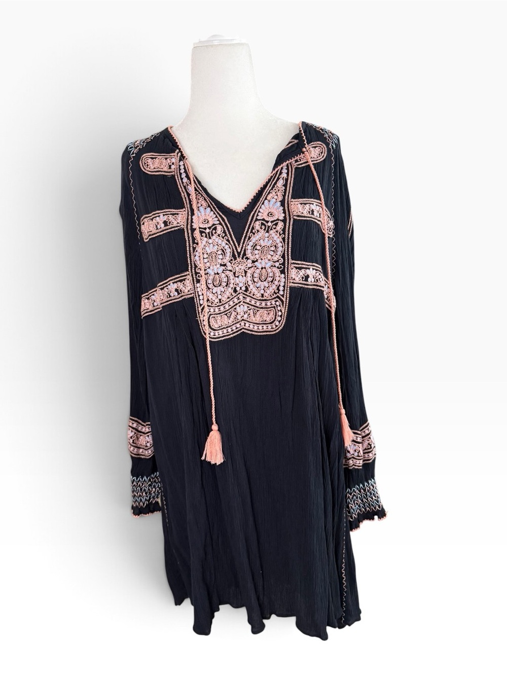 Free People Black Tunic Dress with Pink Embroidery